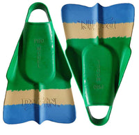 Green and blue swim fins with 'Pro' branding on a white background