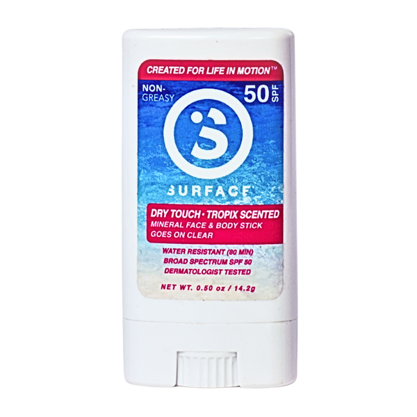 Sunscreen stick with blue and white label on a white background