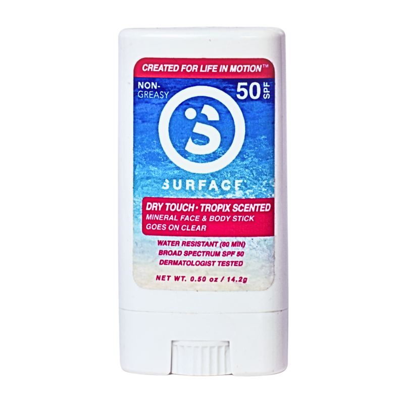 Sunscreen stick with blue and white label on a white background
