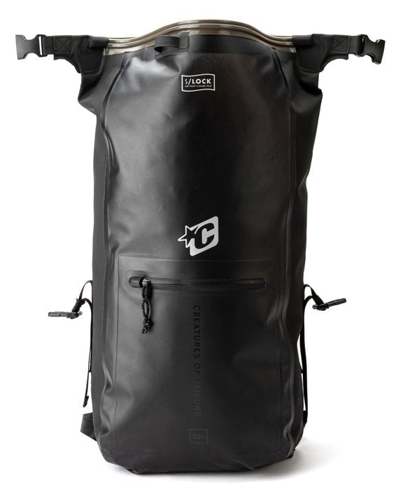 A black waterproof roll-top backpack by Crankwire, featuring a front zippered pocket, vertical branding text, and top buckles, shown on a white background.