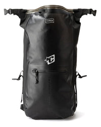 A black waterproof roll-top backpack by Crankwire, featuring a front zippered pocket, vertical branding text, and top buckles, shown on a white background.