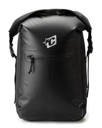 A black waterproof roll-top backpack with a white 'YC' logo on the front, a horizontal zippered pocket, and vertical branding text, shown on a white background.
