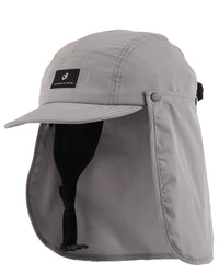 A light gray outdoor cap with an attached neck flap and chin strap, shown on a plain white background. A small black brand patch on the front 