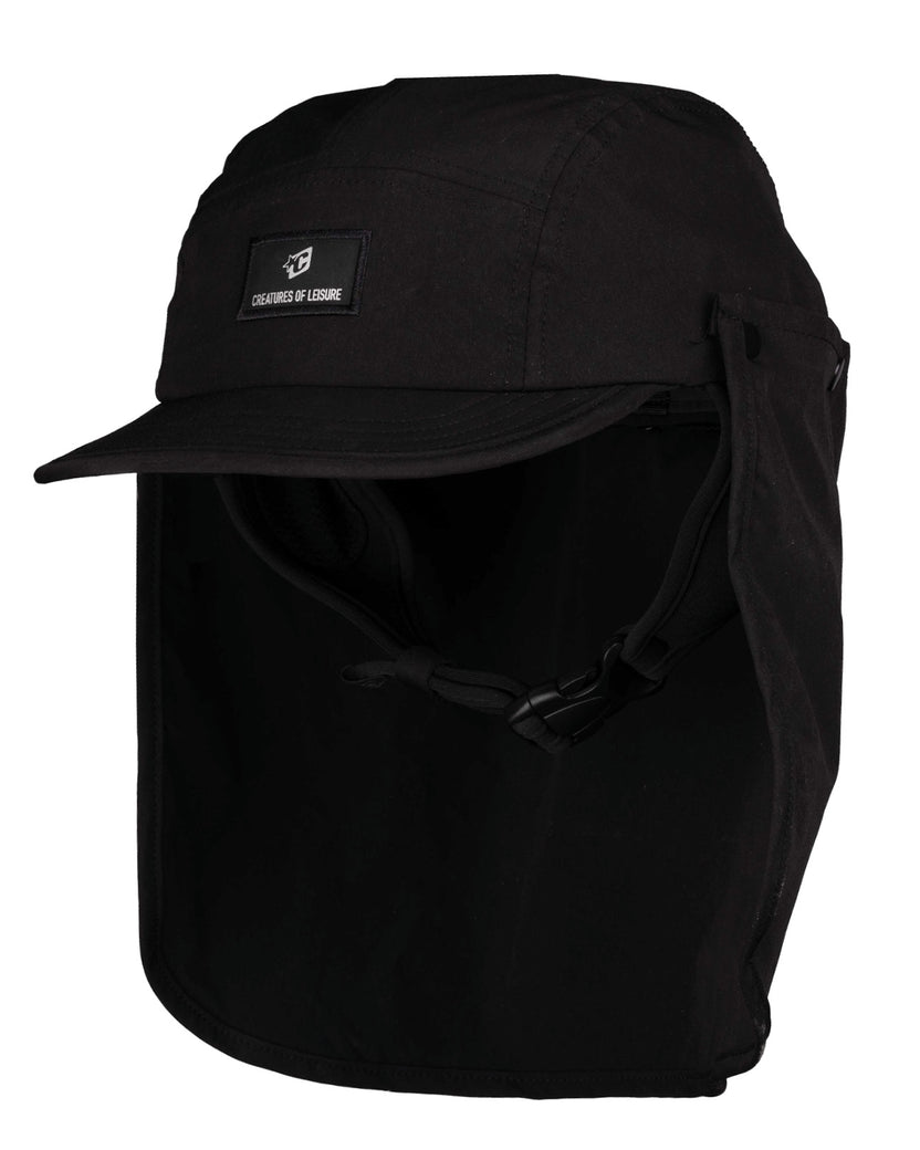Black backpack with a cap on a white background