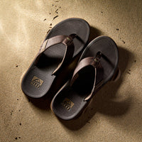 Pair of brown sandals on a sandy surface