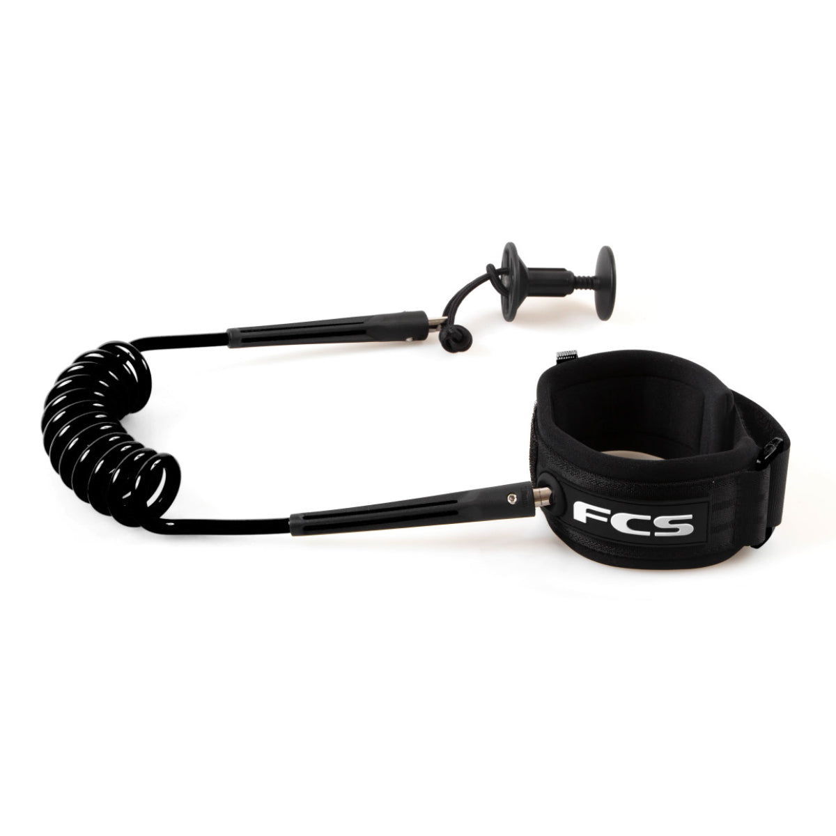 A black FCS bodyboard leash with a stainless steel swivel, heavy-duty webbing, and a padded bicep strap.