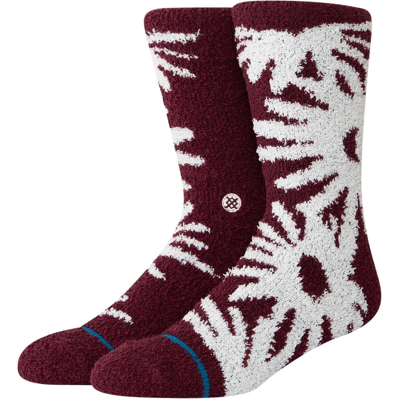 Maroon and white patterned socks with a brand logo on a white background