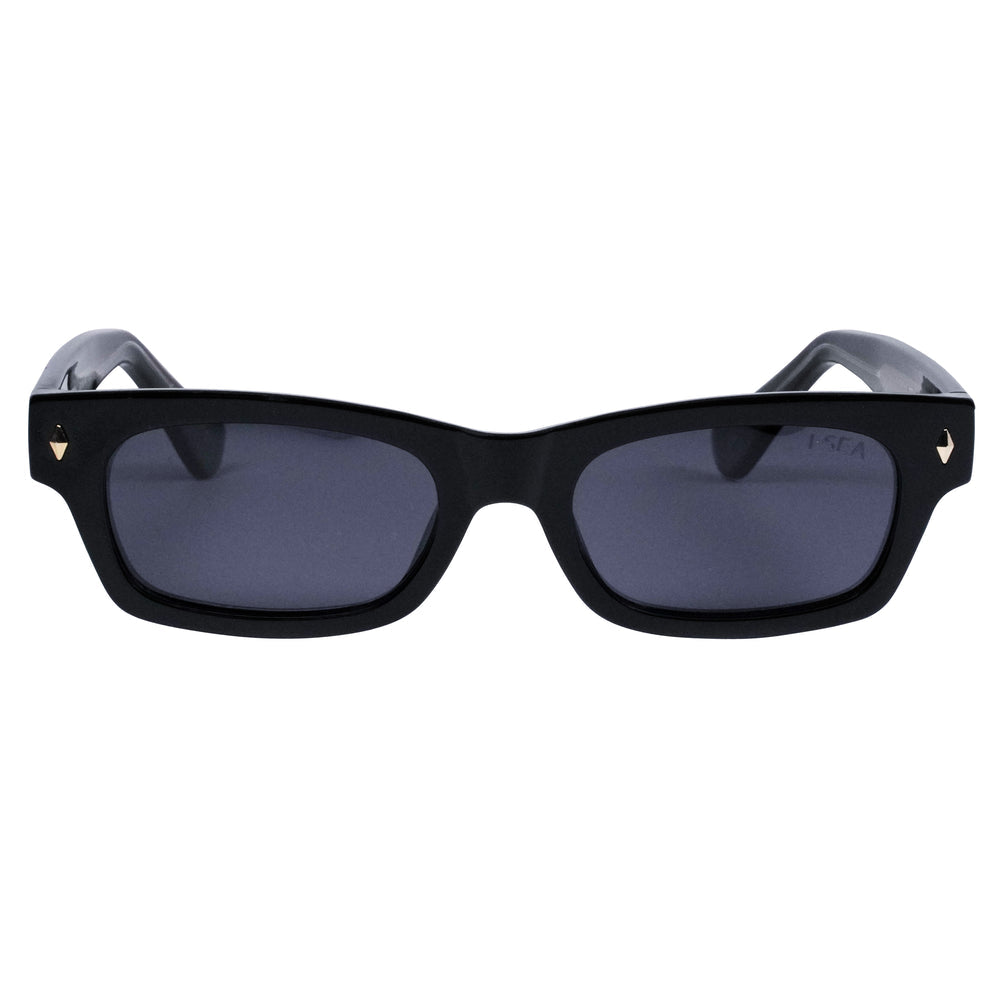 Black sunglasses with a white background
