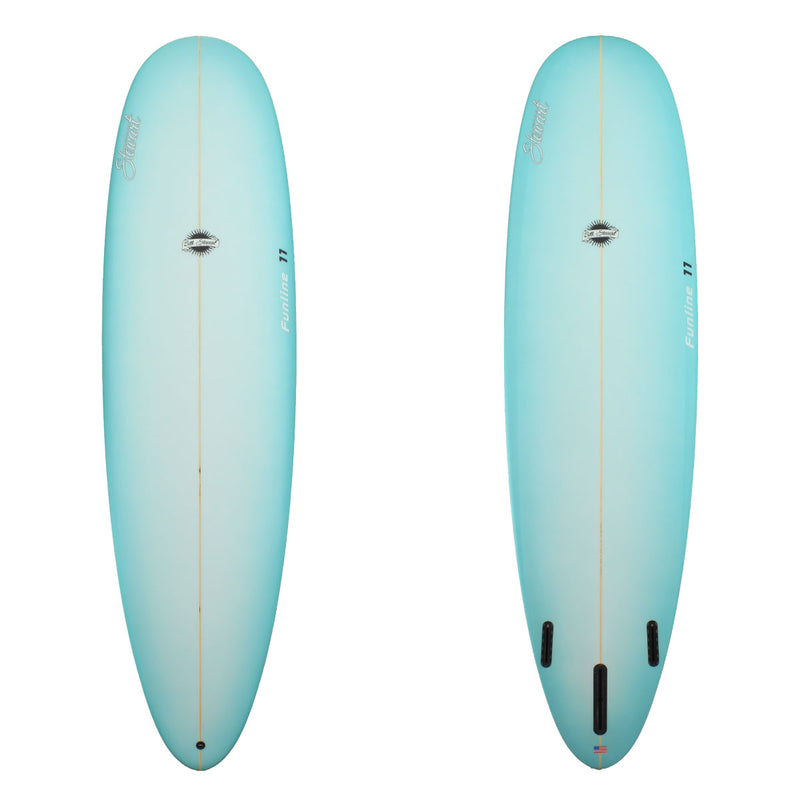 Deck and bottom view of a Stewart Funline-11 Mid Length with a teal fade from the rails with a sand finish 