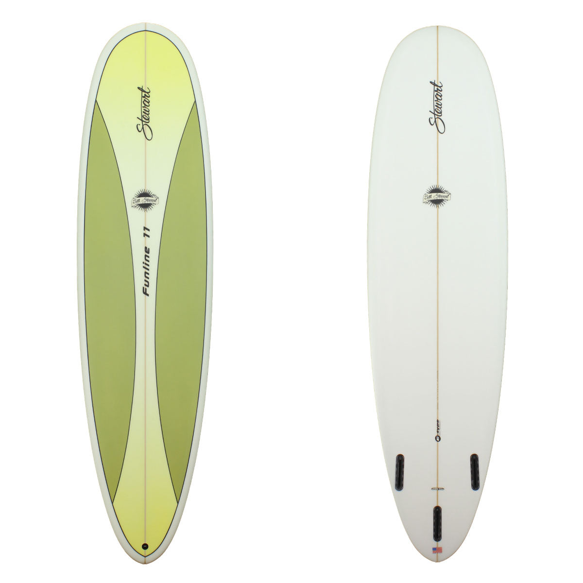 Deck and Bottom View of a stewart funline 11 mid length with a green and yellow deck and white rails and bottom with sand finish 