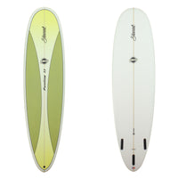 Deck and Bottom View of a stewart funline 11 mid length with a green and yellow deck and white rails and bottom with sand finish