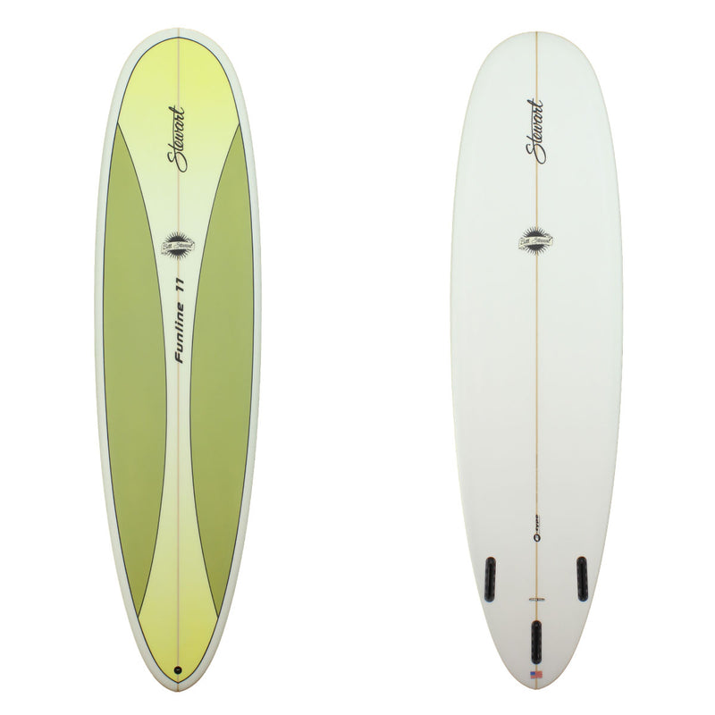 Deck and Bottom View of a stewart funline 11 mid length with a green and yellow deck and white rails and bottom with sand finish 