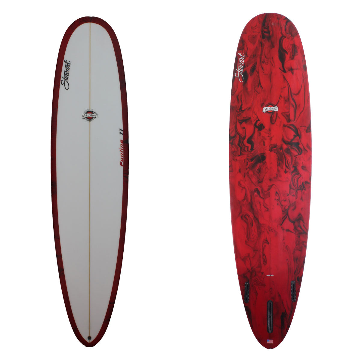 Deck and Bottom view of a stewart funline 11 longboard with a red and black resin swirl on the bottom and rails and a white deck sand finish 