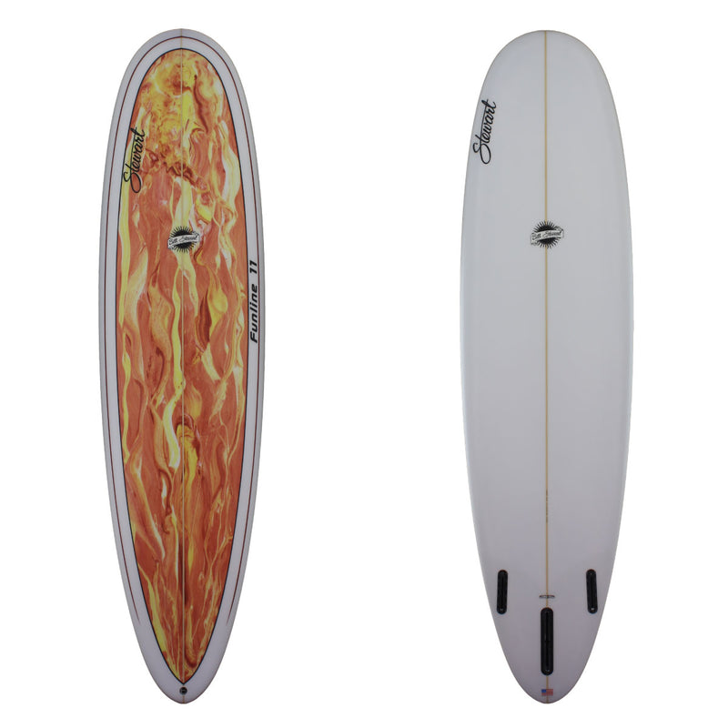 Dec k and bottom view of a stewart funline 11 with a orange and yellow paint splash on the deck sand finish 