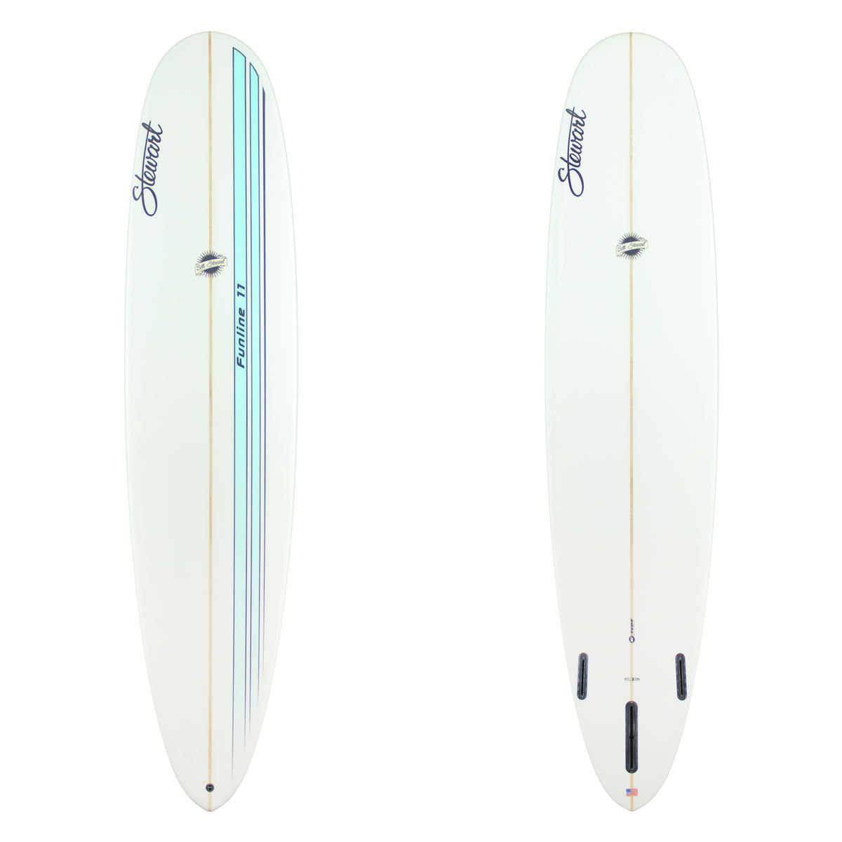 Stewart Longboard 8'6" Funline 11 (8'6", 23", 3") B#129810 with a light blue teal fade racing stripe on the deck