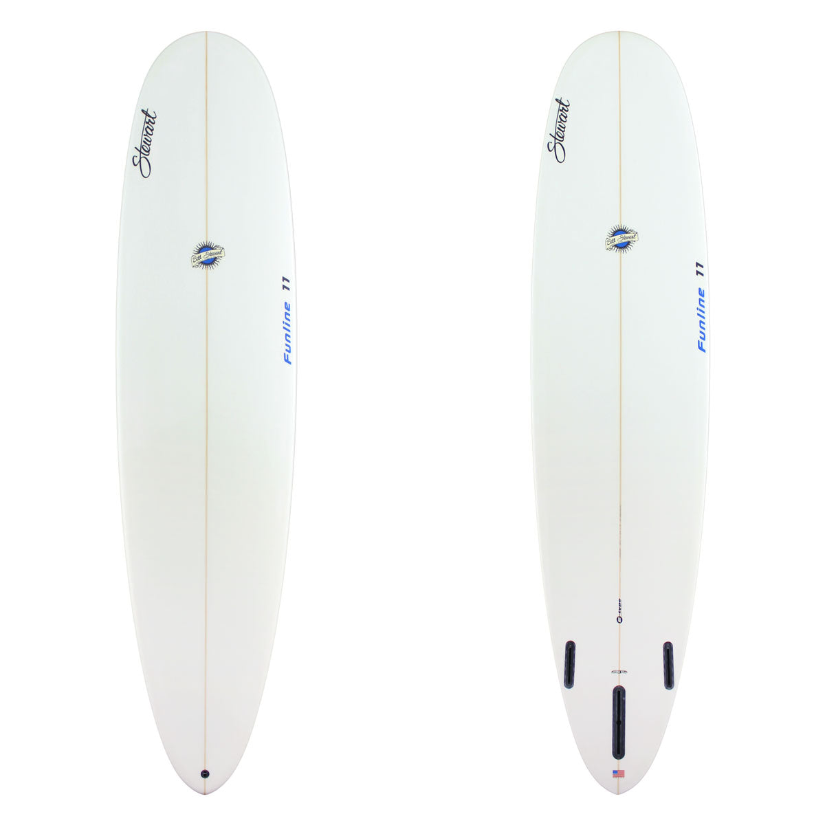 Stewart Midlength 8'0" Funline 11 (8'0", 23", 3") B#130085 Clear with Black Stewart Logos. Blue and Black Bill Stewart and Funline Logo. Sand Only.