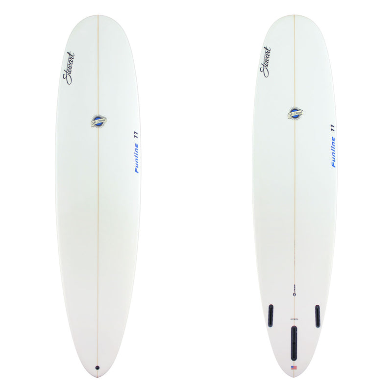 Stewart Midlength 8'0" Funline 11 (8'0", 23", 3") B#130085 Clear with Black Stewart Logos. Blue and Black Bill Stewart and Funline Logo. Sand Only.