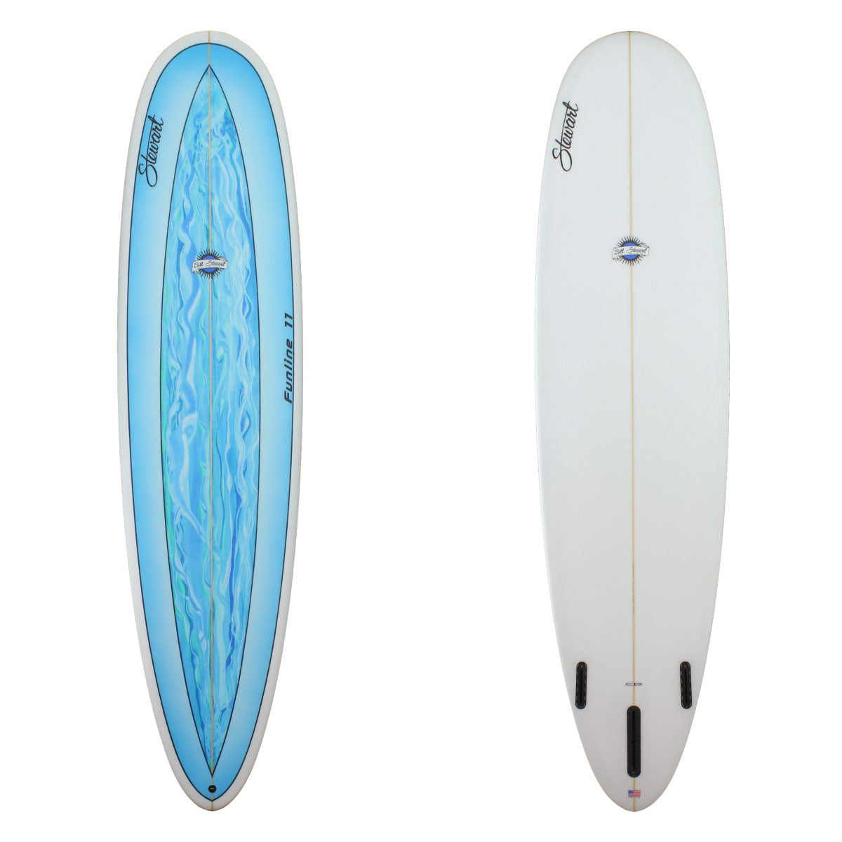 stewart funline 11 mid length surfboard bluw swirl deck 