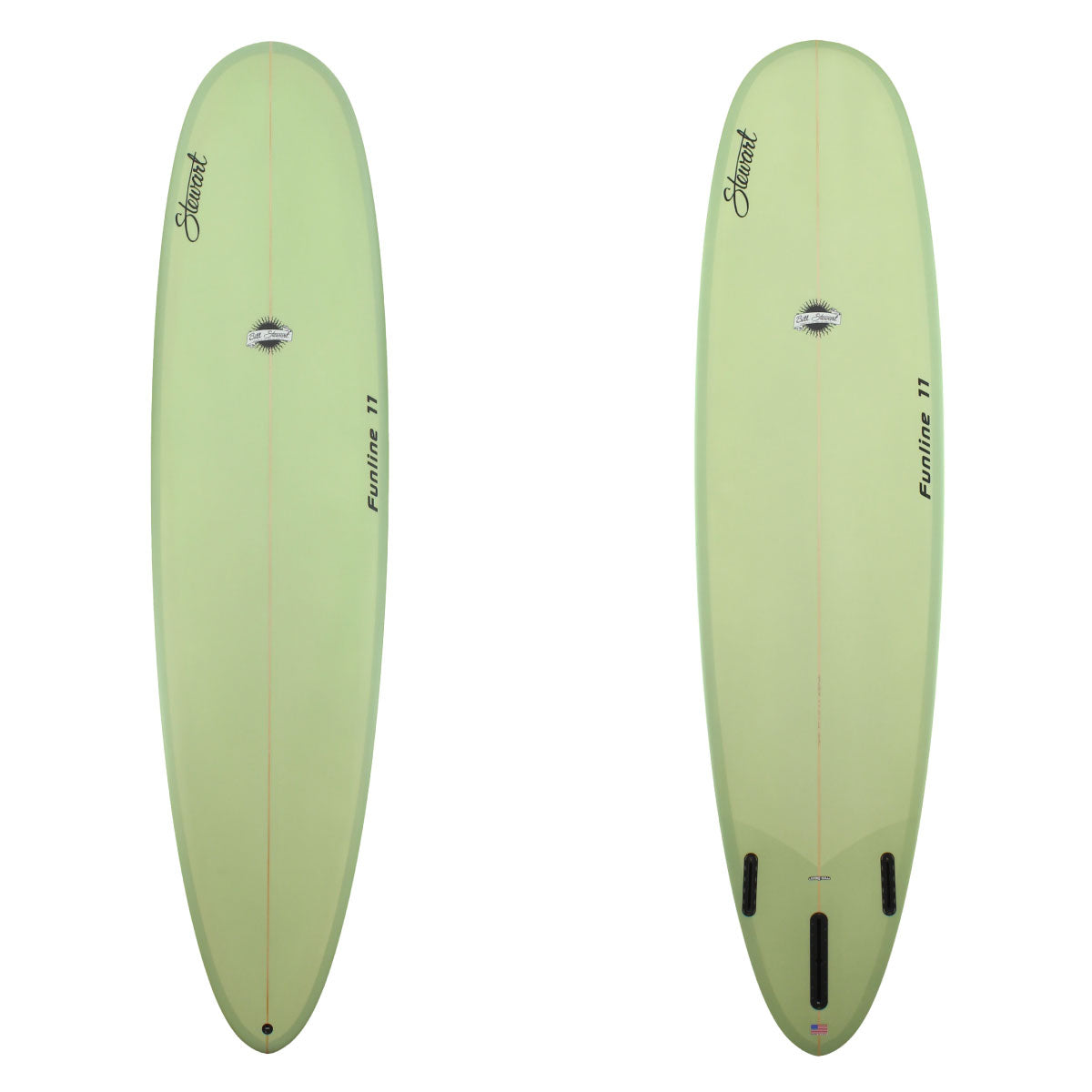 stewart funline 11 mid length surfboard with green faux resin tint