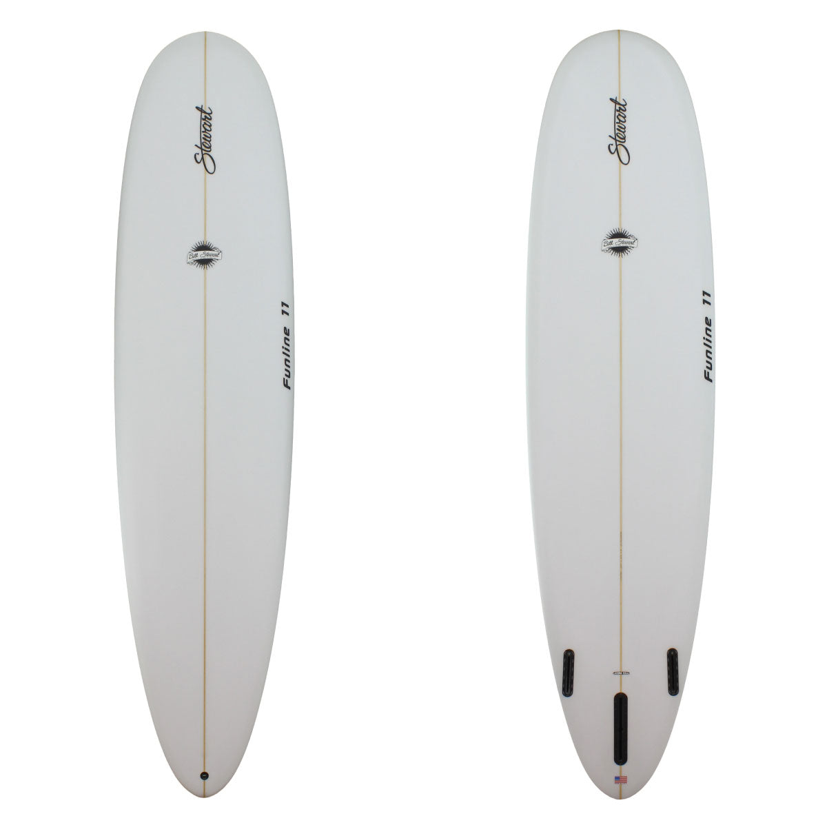 A CLEAR STEWART FUNLLINE 11 MID LENGTH SURFBOARD WITH BLACK LOGOS