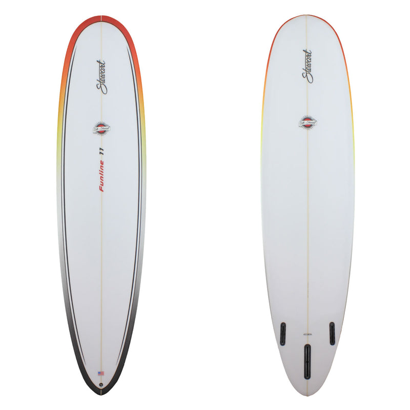 Deck and bottom view of a stewart Funline 11 Mid length with a red fading into yellow fading into a grey spray on the rails sand finish 