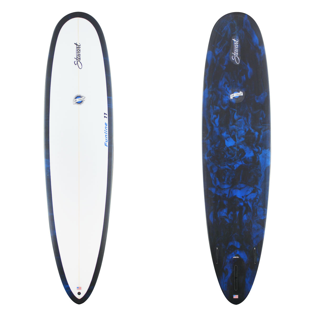 Stewart Mid-Length 8'0" Funline 11 (8'0", 23", 3") B#129160 with a black and blue resign swirl on the bottom and rails