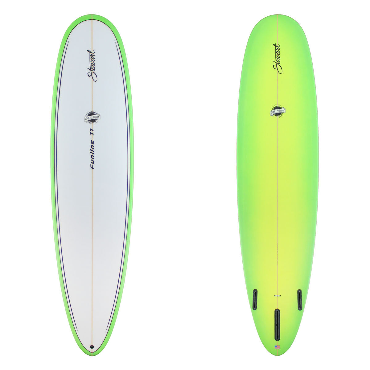 Stewart Mid-Length 7'10" Funline 11 (7'10", 23", 3") B#129231 with a green fade on the bottom and rails