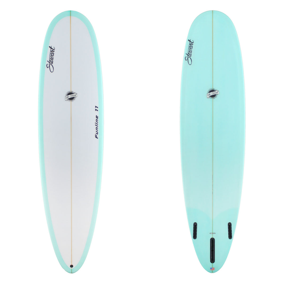Stewart Mid-Length 7'6" Funline 11 (7'6", 22 1/2", 3") B#129241 with a light blue teal resign tint on the bottom and rails