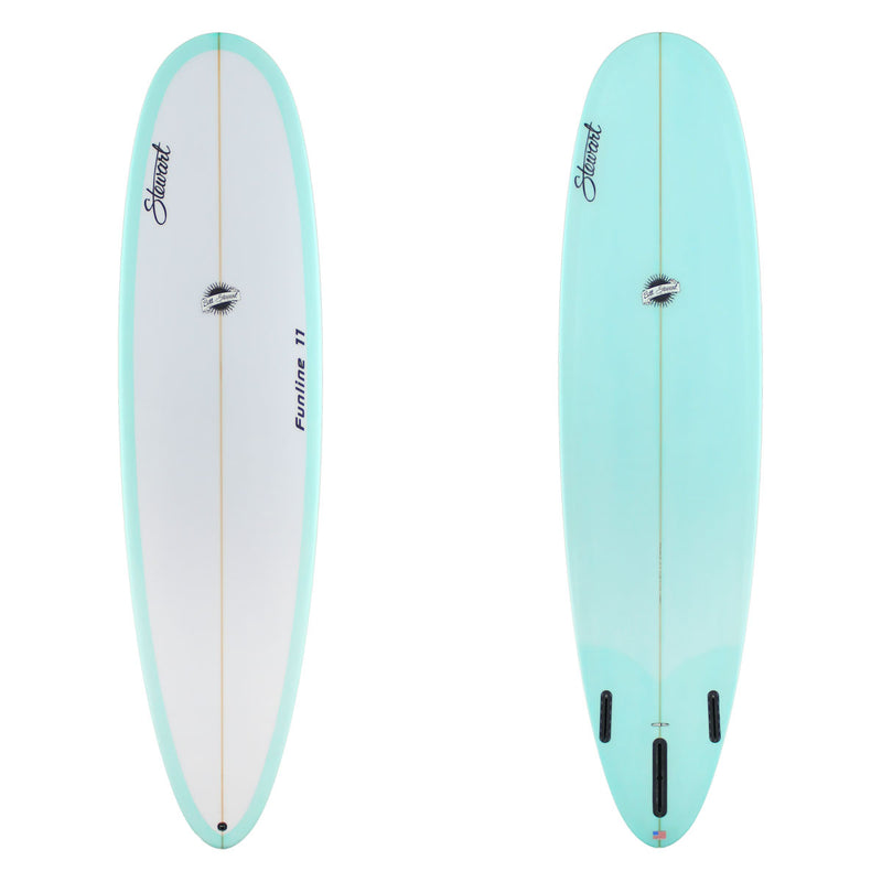 Stewart Mid-Length 7'6" Funline 11 (7'6", 22 1/2", 3") B#129241 with a light blue teal resign tint on the bottom and rails