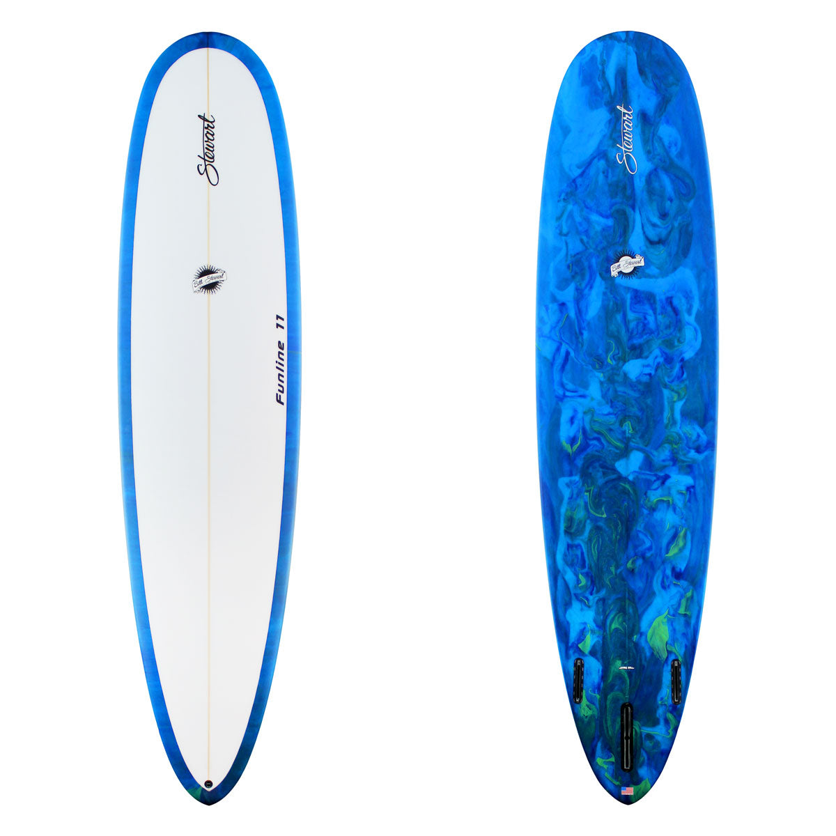 Stewart Mid-Length 8'0" Funline 11 (8'0", 23", 3") B#129380 with a blue and green resin switl on the bottom and rails