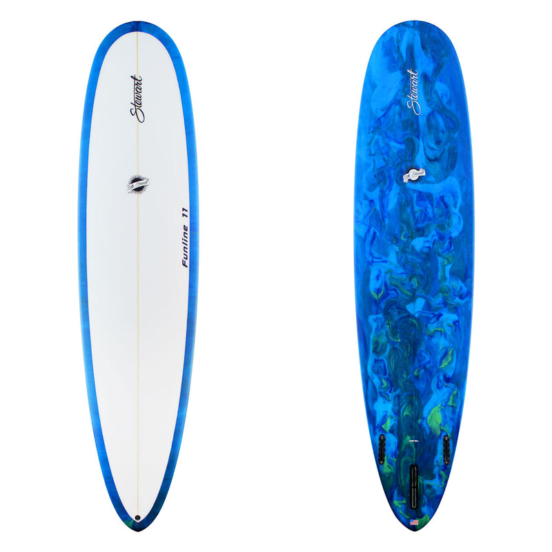 Stewart Mid-Length 8'0" Funline 11 (8'0", 23", 3") B#129380 with a blue and green resin switl on the bottom and rails