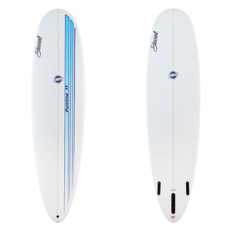 Stewart Mid -Length 7'6" Funline 11 (7'6", 22 1/2", 3") B#129419 with a blue racing stripe on the deck 
