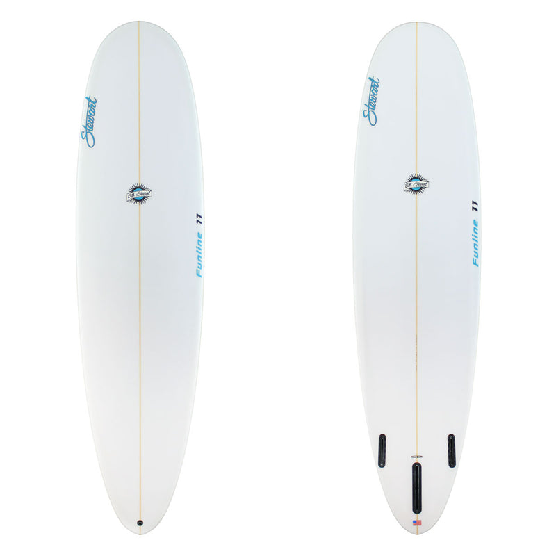 Two views of a white surfboard with branding on a white background