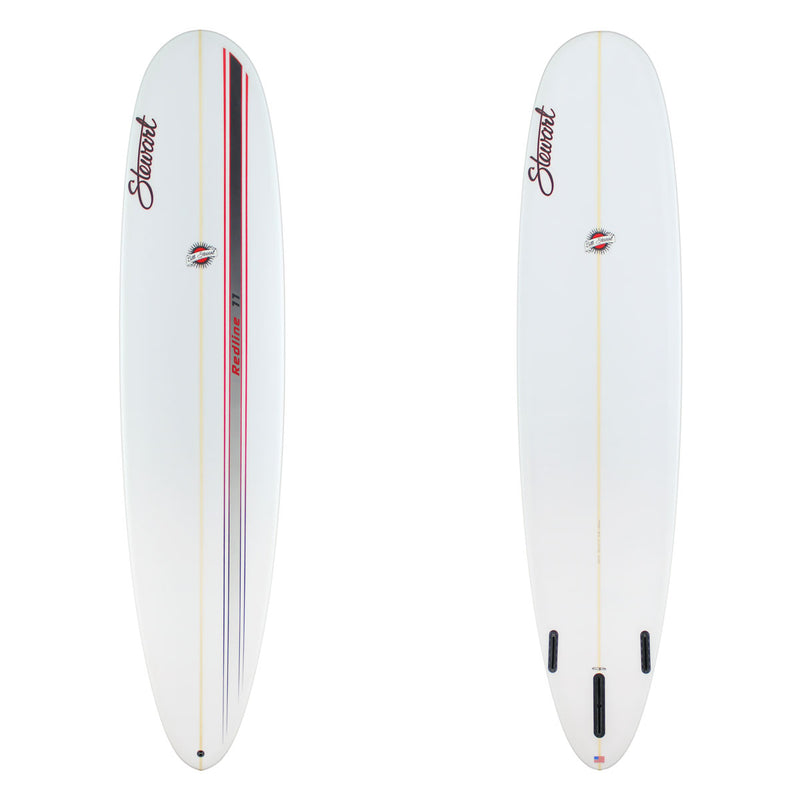 Two views of a white surfboard with red and black accents on a white background
