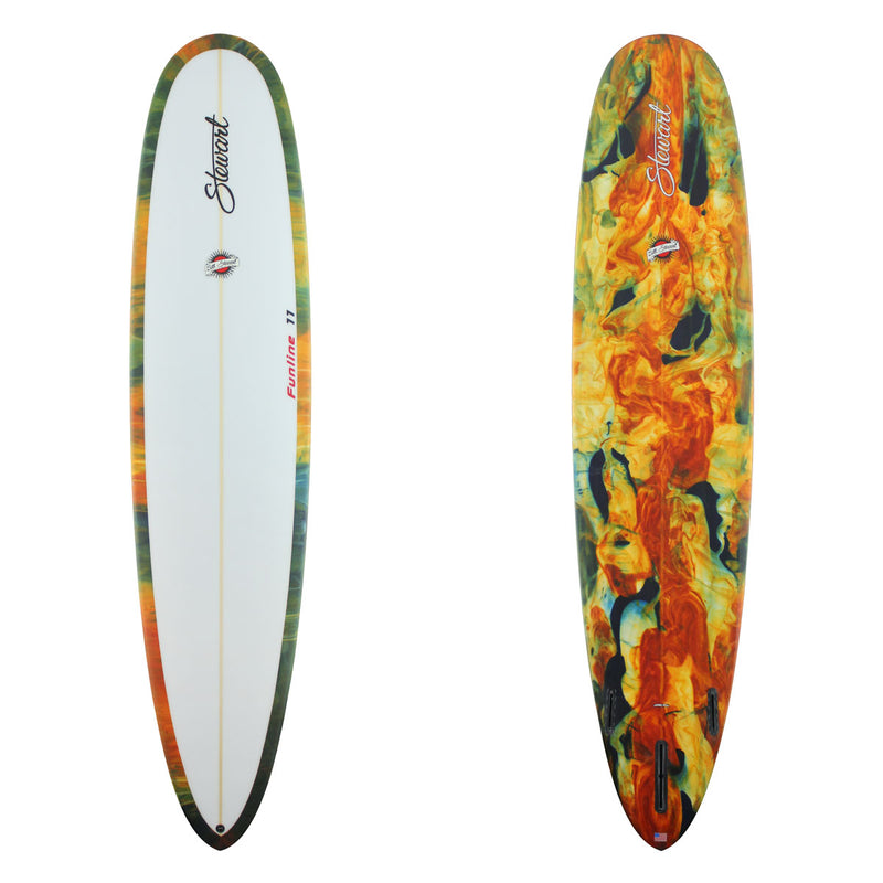 Two views of a surfboard with a colorful design on a white background