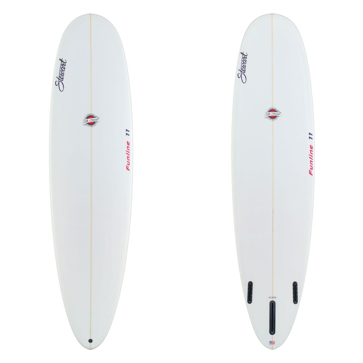Two white surfboards with branding on a white background