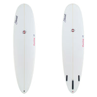 Two white surfboards with branding on a white background