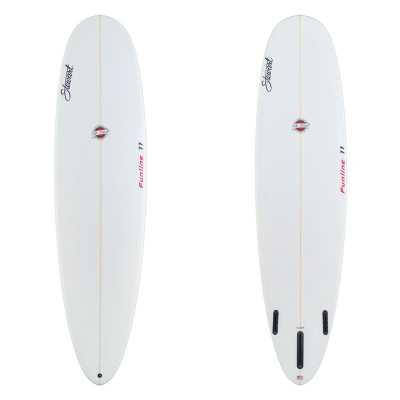 Two white surfboards with branding on a white background