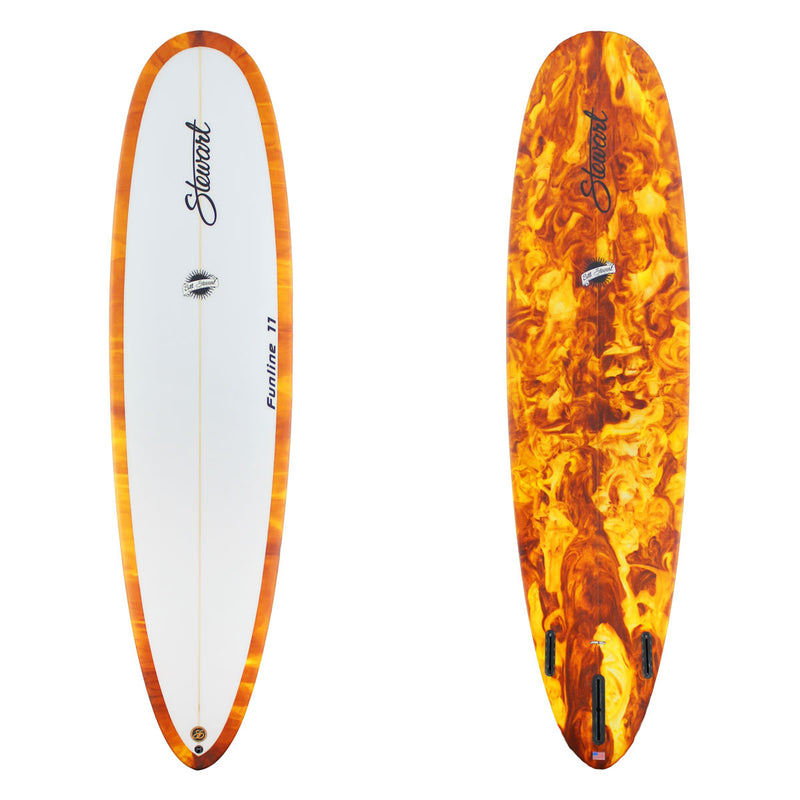 Two views of a surfboard with a flame-like pattern on a white background