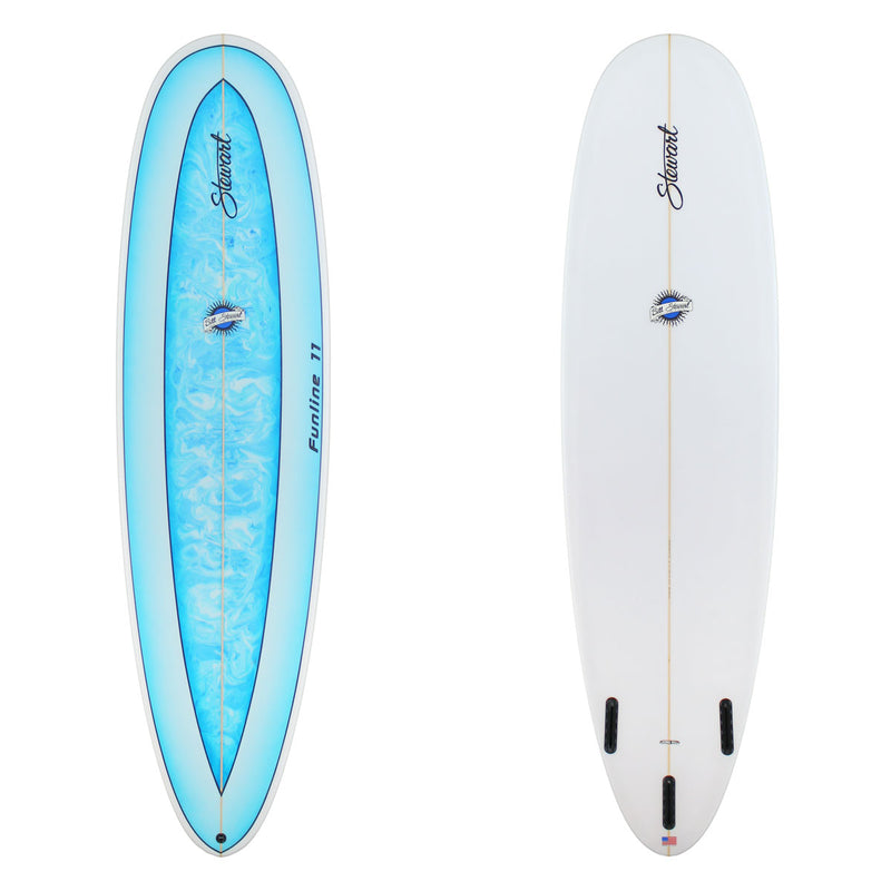 Stewart Mid-Length 7'0" Funline 11 (7'0", 22", 3") B#129508 with a blue and light blue acid splash fade panel on the deck