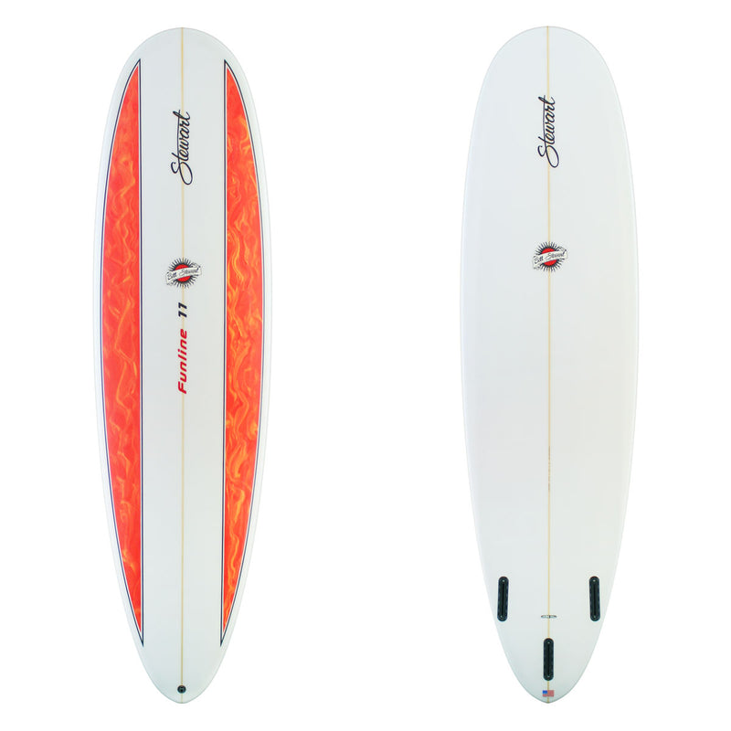 two images a surfboard. The top has red and yellow rail panels with black and red rail panels. the bottom is clear with red and black branding