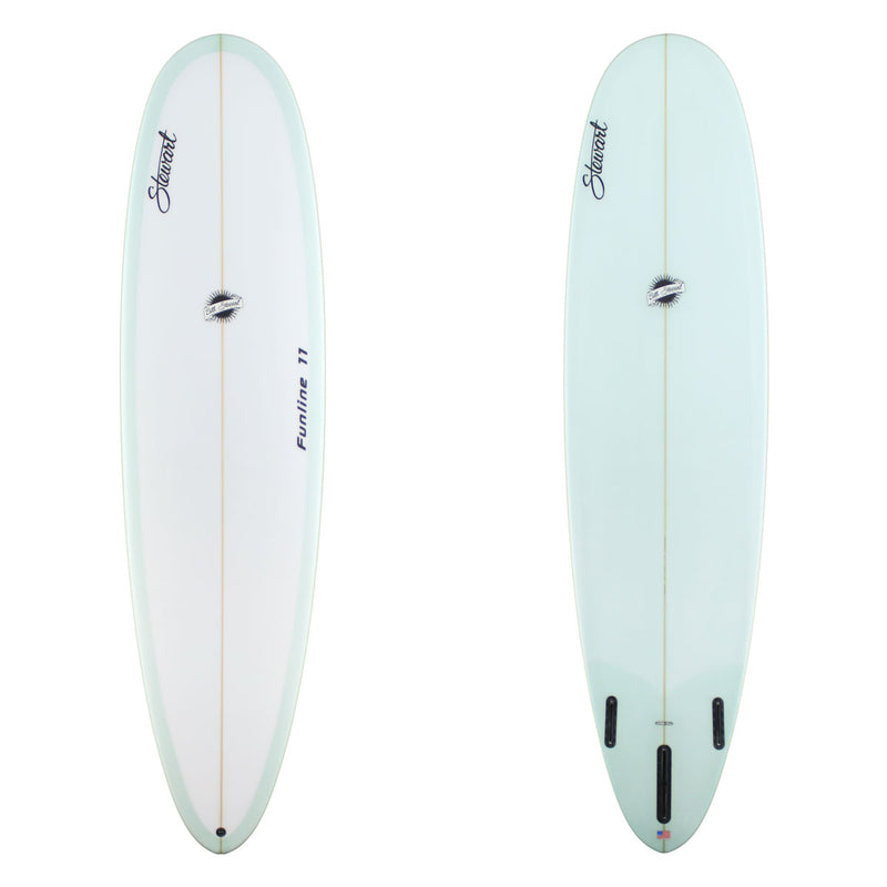 Stewart Mid-Length 7'6" Funline 11 (7'6", 22 1/2", 3") B#129589 with a light blue resin tint on the bottom and rails