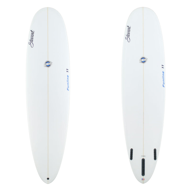 Two white surfboards side by side on a white background