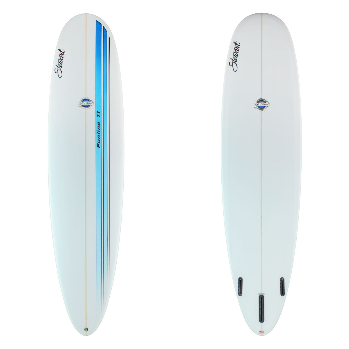 two images of a surfboard. the top is white with two dark blue to light bue stripes and black pinlines. The bottom is white with black branding