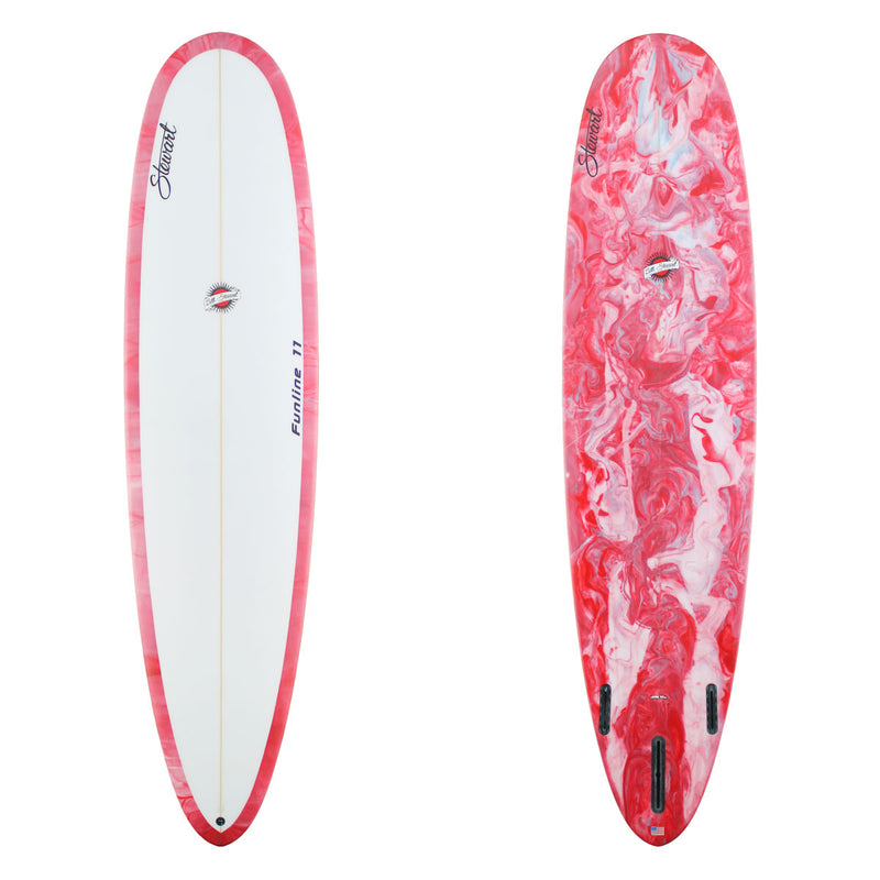 Surfboard with red and white design on a white background