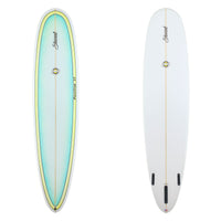Stewart Longboard 8'6" Funline 11 (8'6", 23", 3") B#129641 with a blue fade panel on the deck outlined by a yellow boarder 