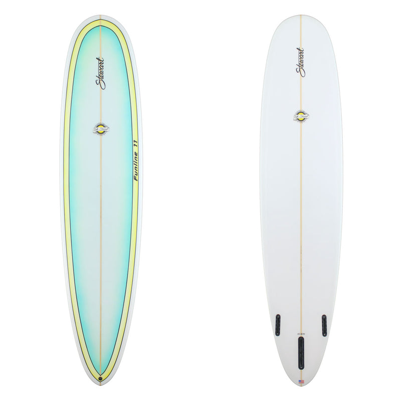 Stewart Longboard 8'6" Funline 11 (8'6", 23", 3") B#129641 with a blue fade panel on the deck outlined by a yellow boarder 