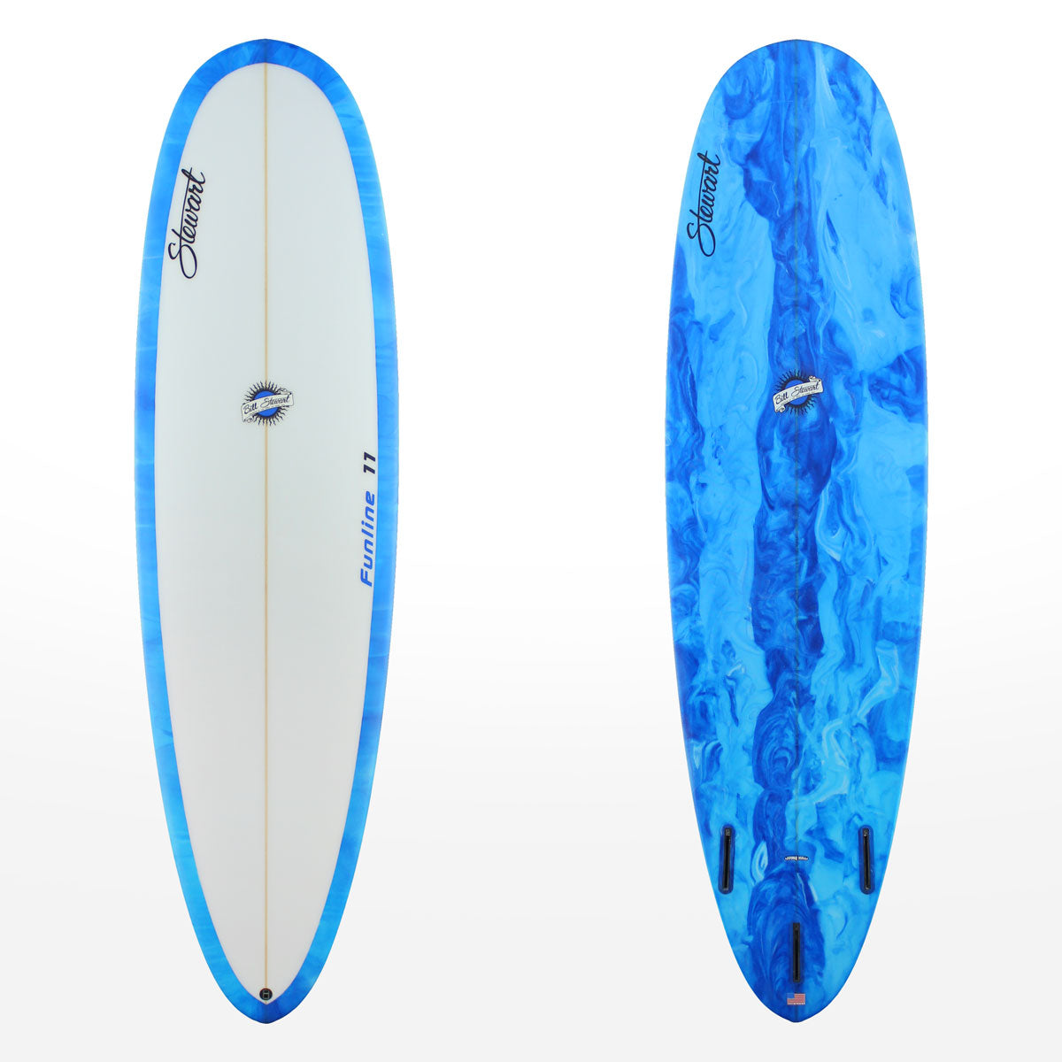 Stewart Mid-Length 6'10" Funline 11 (6'10", 22", 2 3/4") B#129661 with a blue and white resin swirl on the bottom and rails.