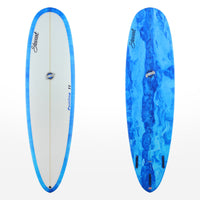 Stewart Mid-Length 6'10" Funline 11 (6'10", 22", 2 3/4") B#129661 with a blue and white resin swirl on the bottom and rails.