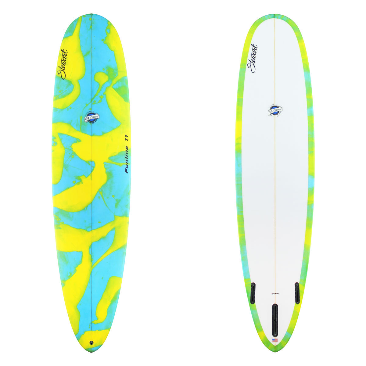 Colorful surfboard with a blue and yellow design on a white background
